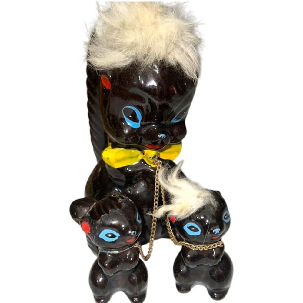 Vintage Redware Pottery Fuzzy Head Skunk Family on Chain